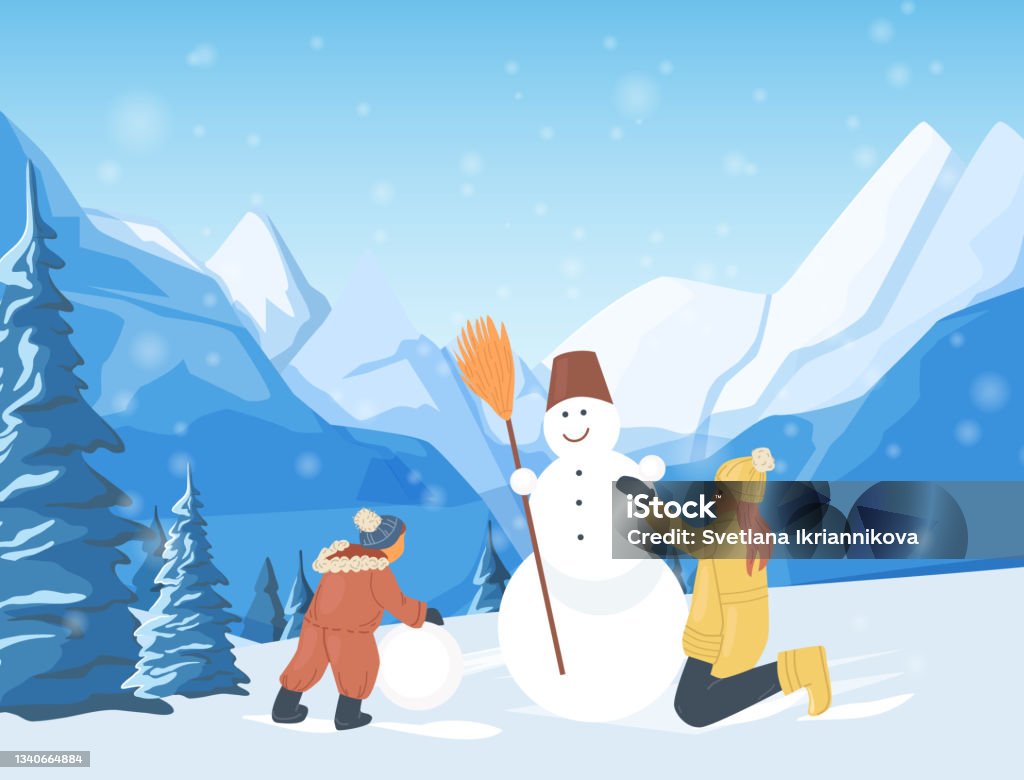 Ilustración de Niños Jugando Y Haciendo Muñeco De Nieve En La Nieve Entre Paisajes Nevados De Montañas Vacaciones Familiares De Invierno En La Montaña y más Vectores Libres de Derechos de Actividad - Ilustración de Niños Jugando Y Haciendo Muñeco De Nieve En La Nieve Entre Paisajes Nevados De Montañas Vacaciones Familiares De Invierno En La Montaña y más Vectores Libres de Derechos de Actividad -