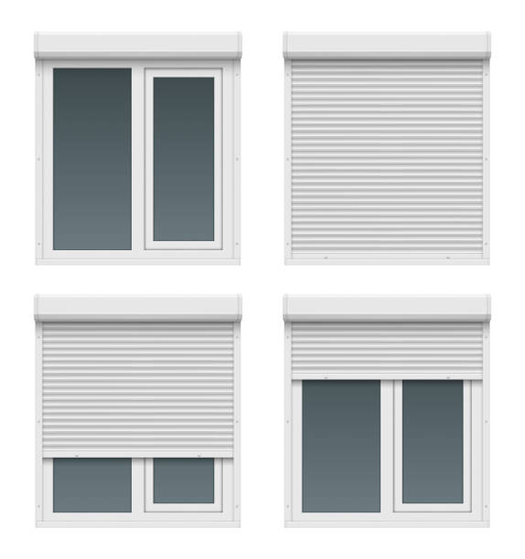 Window roller doors. Metal realistic white house shapes for windows close up plastic gate shutter frames decent vector rollers set Window roller doors. Metal realistic white house shapes for windows close up plastic gate shutter frames decent vector rollers set. Illustratration of roller to house facade, front safety roll a door stock illustrations