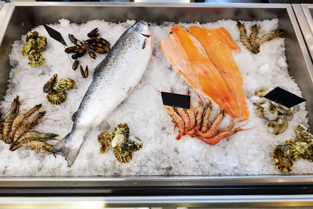istock Ice seafood counter, red fish, mussels, shrimp 1340665077
