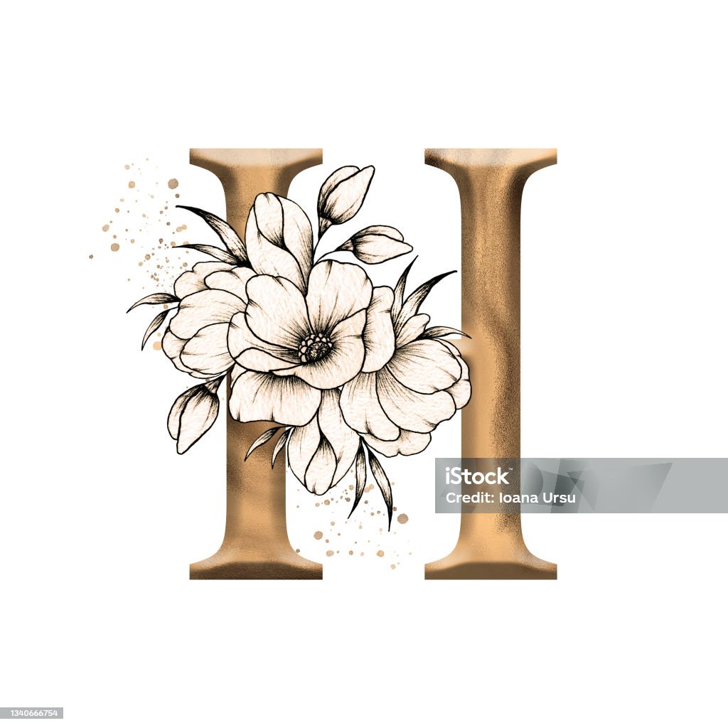 Graphic Floral Alphabet Gold Letter H With Vintage Flowers Bouquet  Composition Unique Monogram Initial Perfect For Wedding Invitations  Greeting Card Logo Poster And Other Designs Stock Illustration - Download  Image Now - iStock