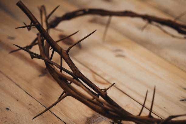 istock Crown on thorns on wooden background. 1340667295