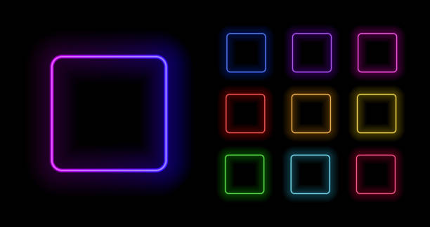 Vector Set of Neon Square Frames, Colorful Illustration, Blank Frames Isolated on Black Background, Different Colors, Shining Lines, Gradient Color and Rainbow Colors. Vector Set of Neon Square Frames, Colorful Illustration, Blank Frames Isolated on Black Background, Different Colors, Shining Lines, Gradient Neon Color and Rainbow Colors Set. glow stick stock illustrations