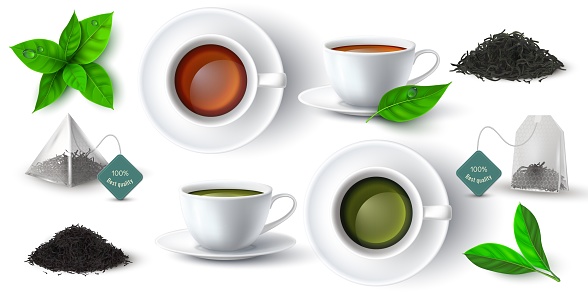 Realistic 3d cup with green and black tea, leaves and pyramid teabag. Cups with hot drink side and top view. Dry herbal tea piles vector set