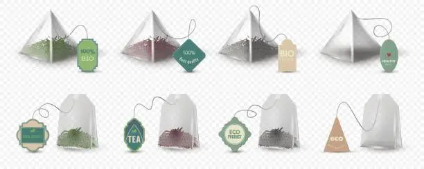 Vector illustration of Realistic pyramid and rectangular green, red and black tea bags with tags. Empty 3d teabag mockup with labels for herbal beverage vector set