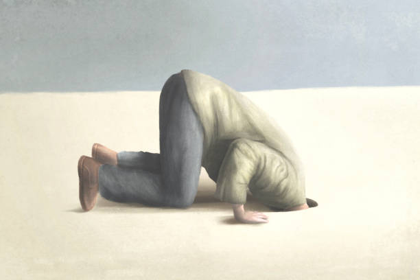 ilustracja człowieka chowającego głowę pod ziemię, surrealistyczna koncepcja strachu i wstydu - wine stock illustrations