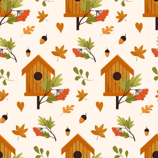 Vector illustration of Cute seamless pathen on an autumnal theme. Pattern with autumn elements, birdhouse, leaves, autumn branches, rowan, acorns. Autumn theme in flat style.