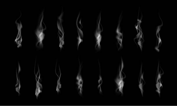 istock Set of realistic white smoke steam, waves from coffee, tea, cigarettes, hot food isolated on black background. Vector illustration 1340671407