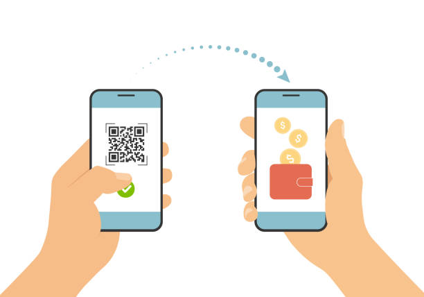 illustrations, cliparts, dessins animés et icônes de illustration à plat d’un téléphone portable tenant la main. scannez le code qr et payez le paiement en ligne par smartphone sur un compte bancaire ou un portefeuille - vecteur - qr code marketing mobile phone coding