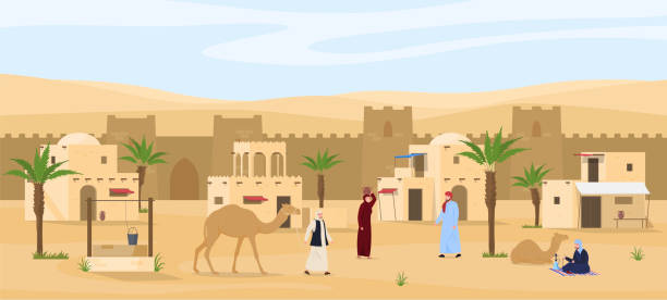 Middle Eastern cityscape scene vector flat illustration. Man smoking hookah, camel. Desert landscape Middle Eastern cityscape scene vector flat illustration. Traditional Arabian houses with towers, brick stone fence wall with gates. Street life. Man smoking hookah, lead camel. Desert landscape middle eastern culture stock illustrations