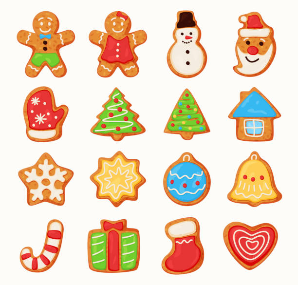Collection Christmas oatmeal cookie food vector flat illustration. Set of festive biscuit cake Collection Christmas oatmeal cookie food vector flat illustration. Set of festive biscuit cake cute funny shape for eating treat isolated. Baked ginger biscuit with icing decor sweet tasty delicious homemade gift boxes stock illustrations