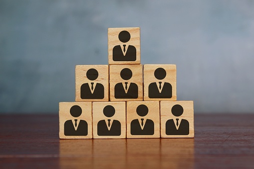 Hierarchical structure, organization and leadership concept. Wooden block pyramid with people icon