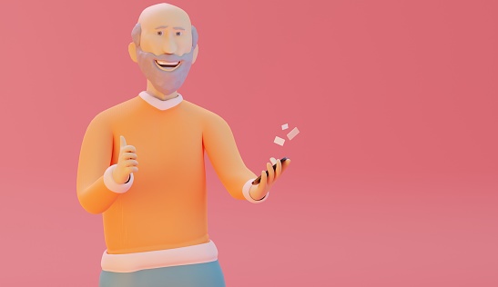 3D Illustration of an old man who smiles, with a smartphone in hand and messaging icons, copy space on a red background
