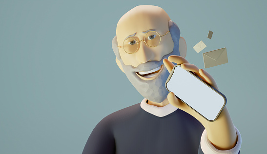 3D Illustration of a old man with gray hair and beard, wearing glasses, showing a empty smartphone display directly into the camera, light bluish business colors with copy space