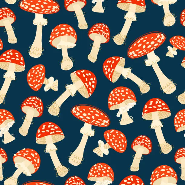 Vector illustration of Amanita mushroom seamless pattern. Fly agaric repeated background in hand-drawn style. Vector illustration.