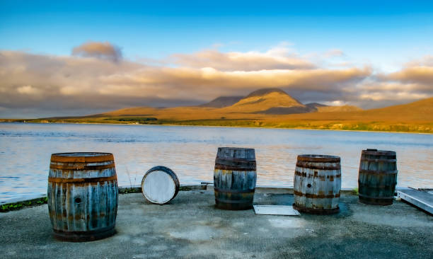 barriles y barriles en una destilería de whisky islay en la costa de escocia con jura detrás - whisky barrel distillery hard liquor fotografías e imágenes de stock