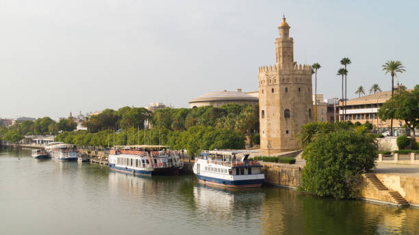 urban landscape of the city of seville with views of the promenade along the guadalquivir river, the tourist cruises and the torre del oro. - seville sevilla torre del oro tower imagens e fotografias de stock