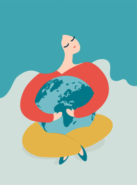 Woman hugging Globe. Eco concept. Sitting girl with Earth and beautiful Planet. Protection and preservation of oceans, seas, lakes, rivers, water. vector art illustration