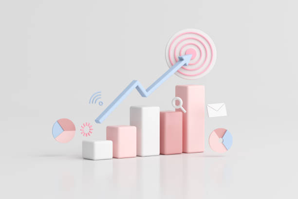 Illustration of business stock chart with arrow on target, 3d rendering.