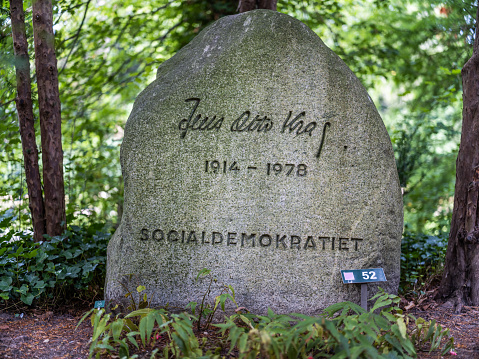 Gravestone for the social democratic Prime Minister Jens Otto Krag (1914 - 1978) in Western Cemetery, Copenhagen, Denmark