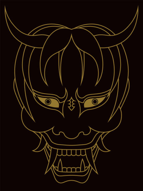 istock outline japanese kabuki hannya mask, sad and angry oni ghost with yellow eyes 1340675769