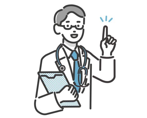 материал векторной иллюстрации врача / фармацевт / доктор, объясняющий пациентам - scientist chemist doctor lab coat stock illustrations
