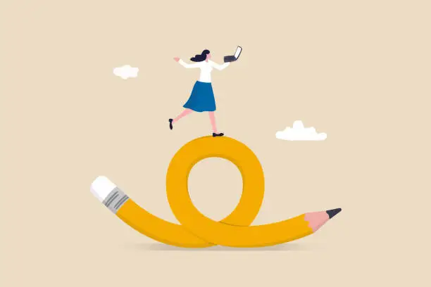 Vector illustration of Flexible work, remote work anywhere anytime, employee choice to choose time and location for productivity and creativity concept, cheerful woman enjoy working with computer laptop on flex bent pencil.