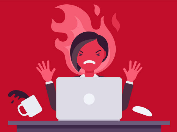 ilustrações de stock, clip art, desenhos animados e ícones de businesswoman working with laptop flamed in anger - furious