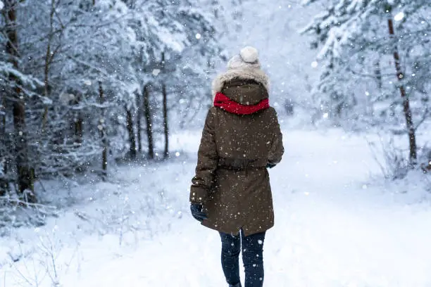 Photo of Woman walking in the winter forest.