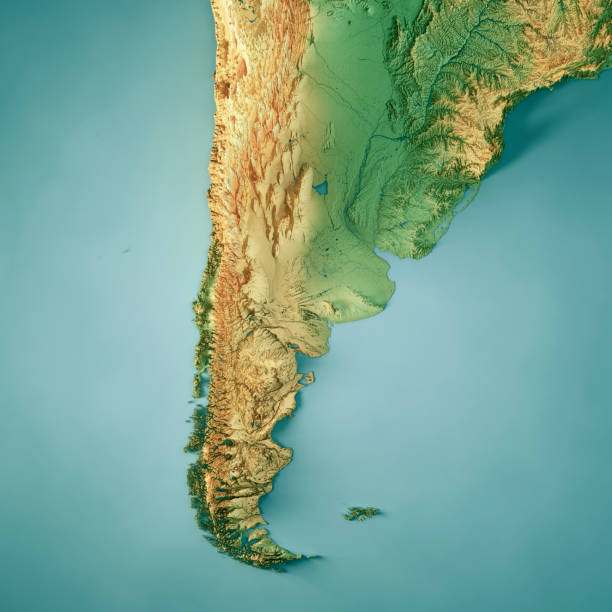 argentina 3d render mapa topográfico color - mapa argentina fotografías e imágenes de stock