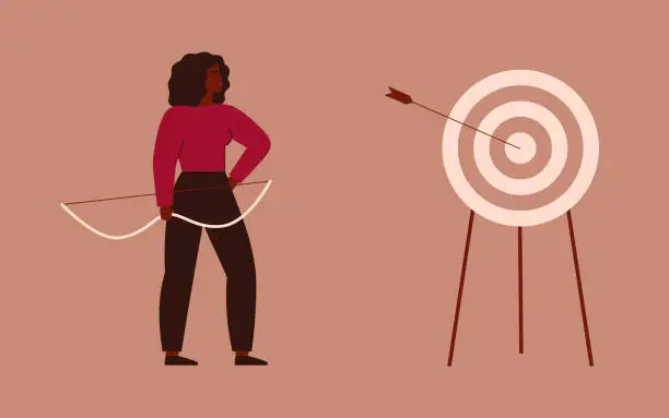 Vector illustration of Businesswoman shooting a bow and hit a target. Archery to the bull