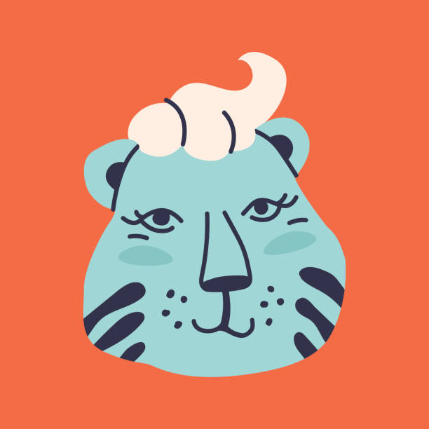 istock Cute tiger head. Color drawing, blue tiger cub with white bangs. Cartoon vector illustration. Symbol of 2022. 1340679529