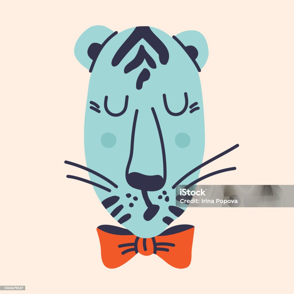 Đầu Hổ Dễ Thương Doodle Màu Hổ Con Màu Xanh Với Một Cây Cung Màu ...