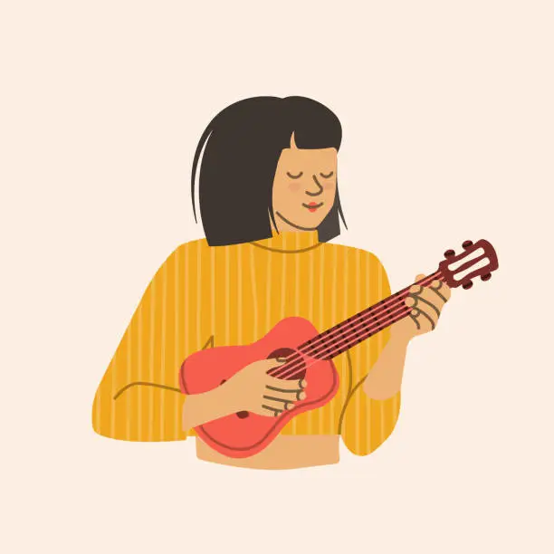 Vector illustration of Woman musician. Girl with a small guitar. Happy woman in plays ukulele. Vector illustration isolated on white background.