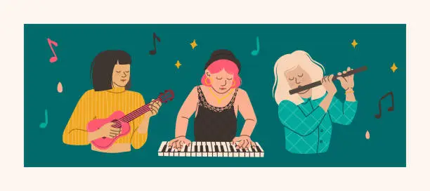 Vector illustration of Girls play musical instruments - flute, ukulele, piano. Musical girl-band concept. Women musicians. Vector illustration of trending characters in flat style.