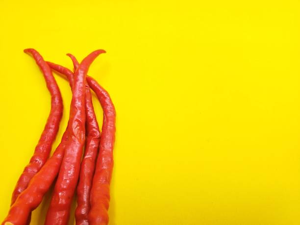 a few sticks of red curly chili on a yellow background a few sticks of red curly chili on a yellow background yellowback fusilier stock pictures, royalty-free photos & images