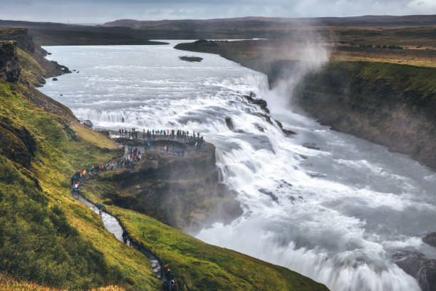 Gullfoss Waterfall In Iceland View from above on famous Gullfoss waterfalls (Golden Circle) in Iceland. golden circle route photos stock pictures, royalty-free photos & images