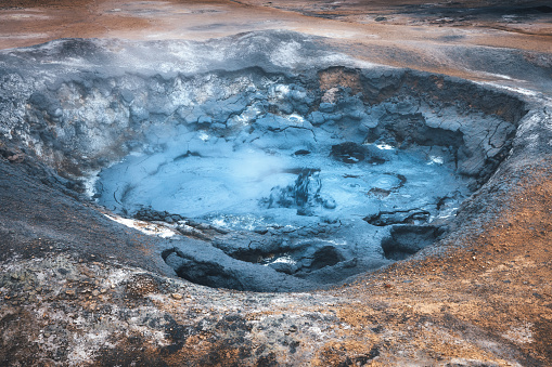 Close-up of mud pool at geothermal area of Hverir in Iceland.