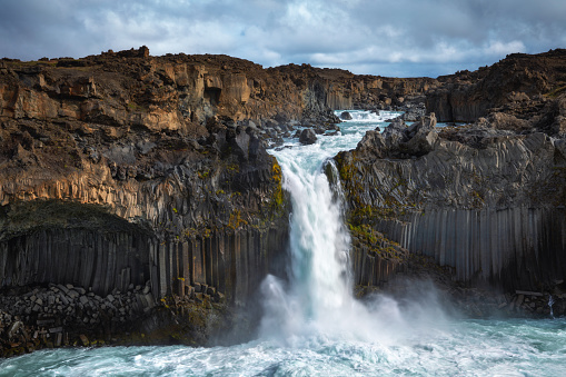 Majestic Aldeyjarfoss waterfall in north Iceland.