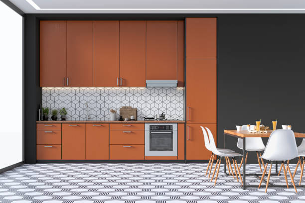 istock Modern kitchen and dining room 70's retro style 1340682819