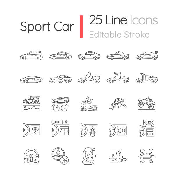 illustrazioni stock, clip art, cartoni animati e icone di tendenza di set di icone lineari per corse automobilistiche - porsche