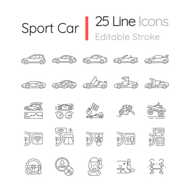 Auto racing linear icons set Auto racing linear icons set. Driving sports cars. Innovative tech features. Exterior design. Customizable thin line contour symbols. Isolated vector outline illustrations. Editable stroke sports car stock illustrations