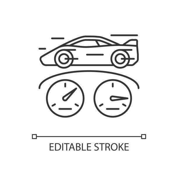 Top speed linear icon Top speed linear icon. Sports car racing. Detecting vehicle speed. Professional automobile sport. Thin line customizable illustration. Contour symbol. Vector isolated outline drawing. Editable stroke sports car outline drawing stock illustrations