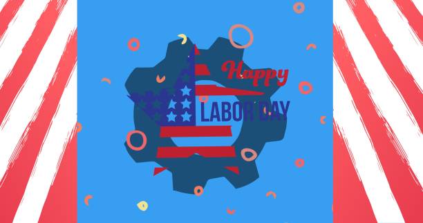 istock Happy labor day text and star shaped american flag over setting icon against red striped background 1340683882