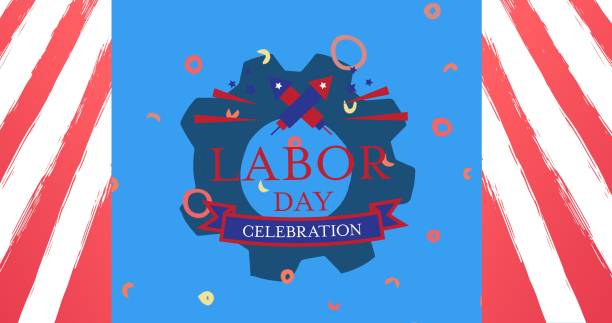 Happy labor day text and fireworks over setting icon against red striped background