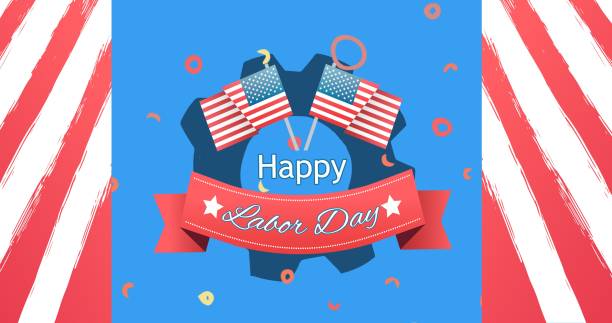 istock Happy labor day text and american flags over setting icon against red striped background 1340683983