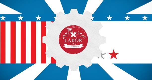 istock Happy labor day text over setting icon against american flag design in background 1340685060