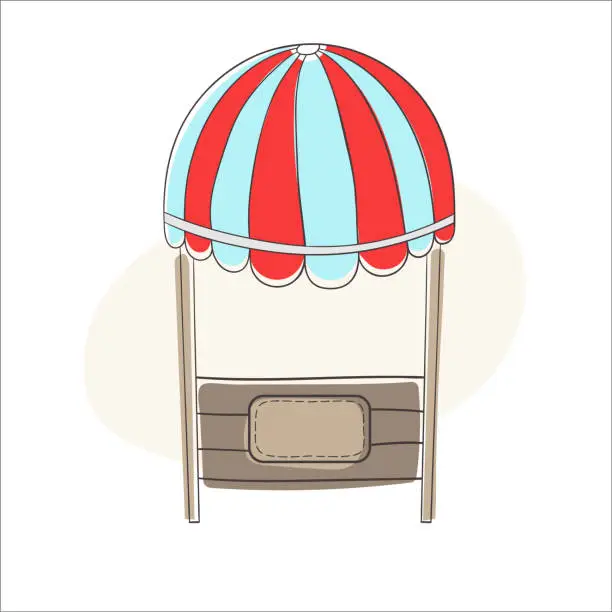 Vector illustration of Isolated vector illustration of a canopy, roof, fabric tent, awning, shop. Image in cute cartoon hand-drawn style. Element for the design of websites, postcards, social media.