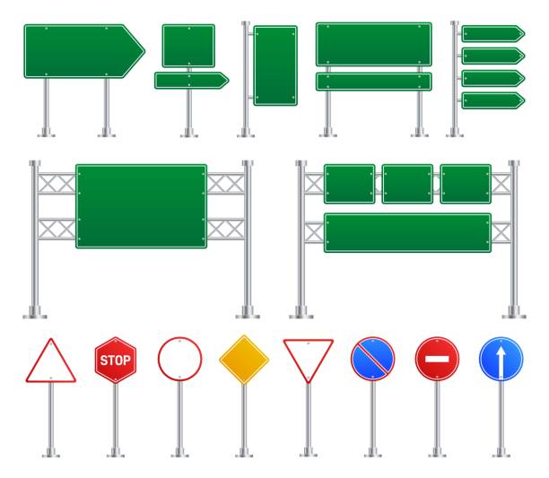 pusty znak drogowy. znaki drogowe, izolowane tablice drogowe. zielone, żółte i czerwone elementy stop, różne puste dokładne ikony wektorowe - roadside stock illustrations