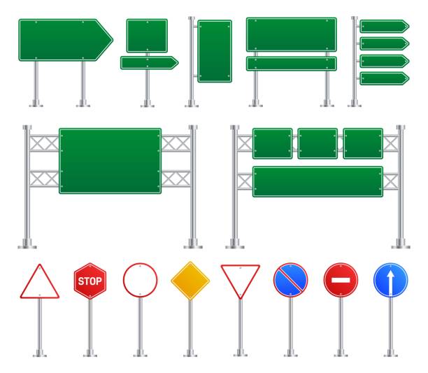 Blank street traffic sign. Road signs, isolated street highway boards. Green, yellow and red stop elements, diverse empty exact vector icons Blank street traffic sign. Road signs, isolated street highway boards. Green, yellow and red stop elements, diverse empty exact vector icons. Road way board, guide signboard and signpost road sign stock illustrations