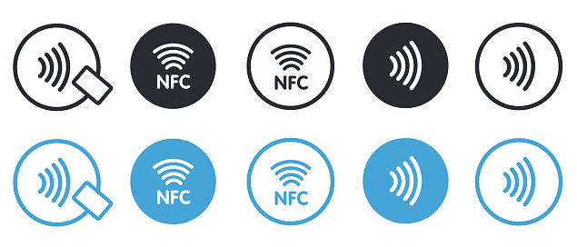 NFC icon set. Contactless wireless pay sign logo. NFC technology contact less credit card. Contactless payment logo. NFC payments icon for apps